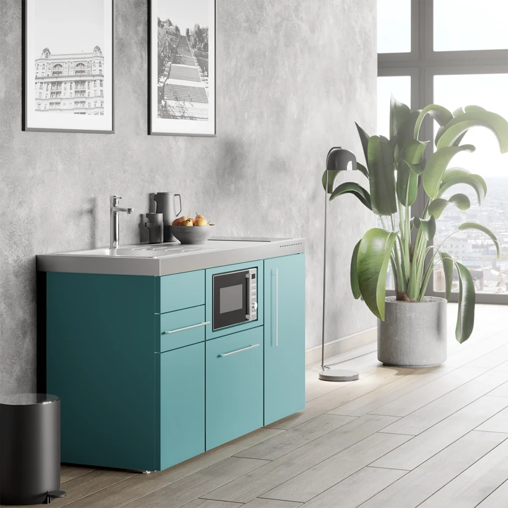 Produktrendering einer türkisfarbenen Miniküche in einem modernen Büro Loft