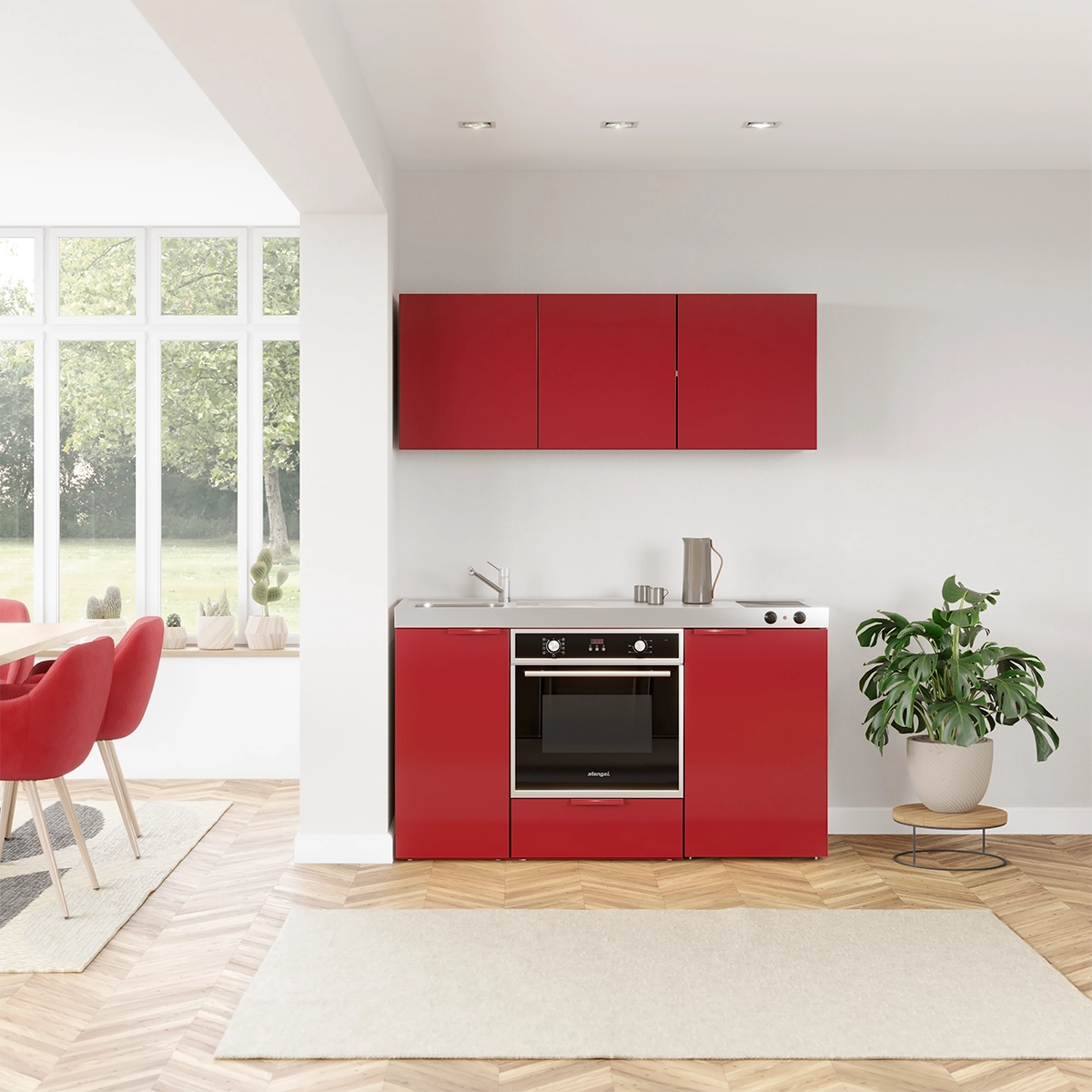 3D Rendering einer roten Miniküche mit Backofen in einer offenen Wohnküche in einer Ferienwohnung umgeben von einem Esstisch mit roten Stühlen, einem Teppich und einer Monstera Pflanze