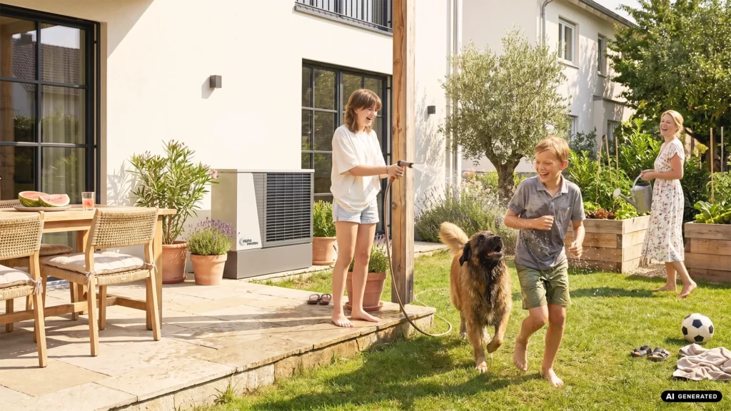 Lifestyle-Bild einer Familie mit Leonberger Hund im Garten beim Wasserspaß im Sommer während im Hintergrund die Wärmepumpe vor dem Neubau eingebaut ist