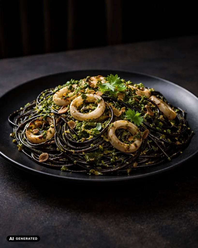 Moody Low-Key KI Food Aufnahme von dunklen Spaghetti mit Tintenfischringen
