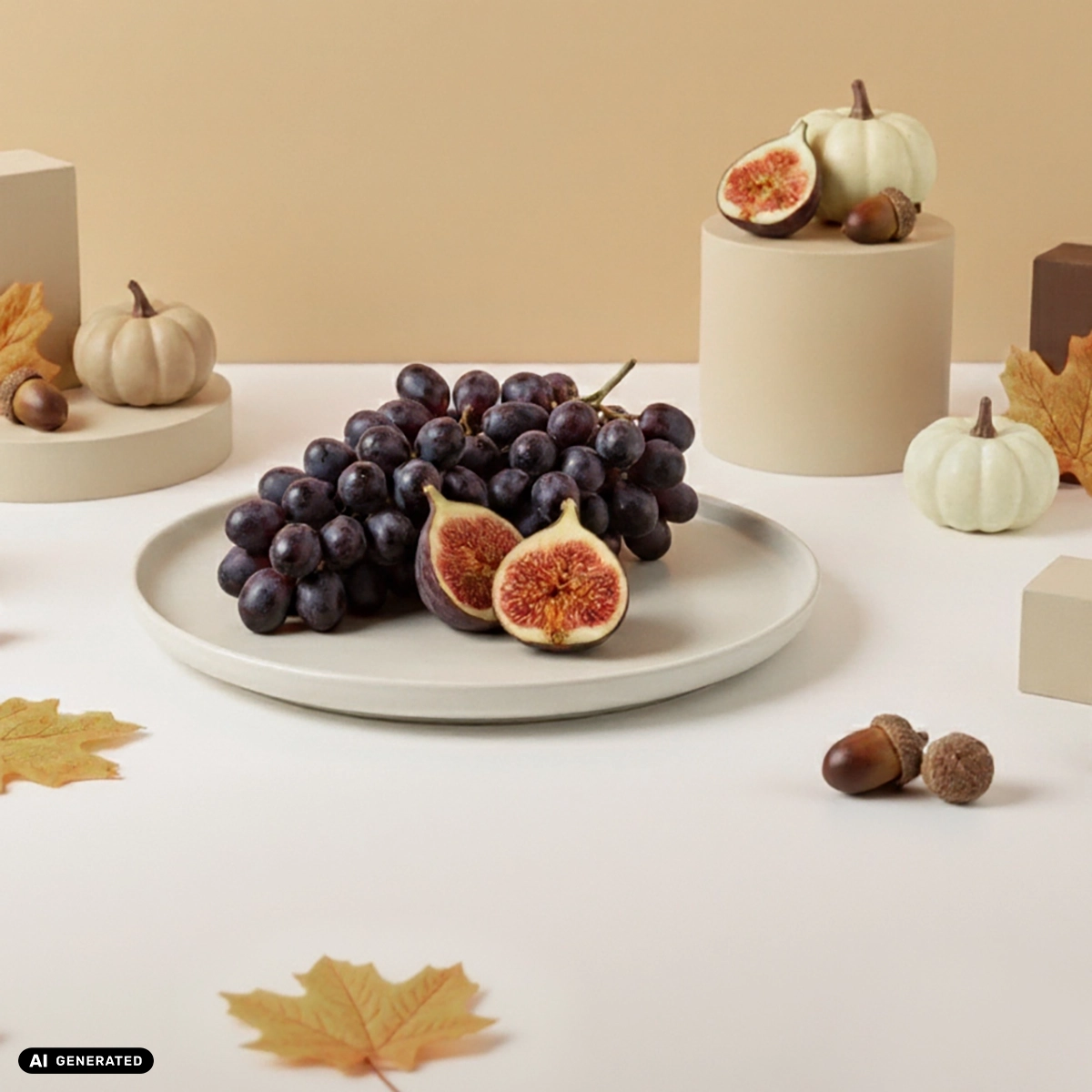 KI-Food Visual von einem Teller einer Tableware-Kollektion mit Feigen und Weintrauben mit herbstlicher Dekoration wie Eicheln, Kürbisse oder Blätter