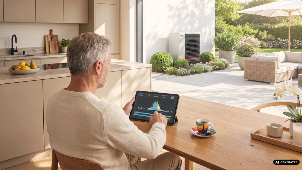 Ein Mann sitzt an einem hölzernen Esstisch in der offenen Wohnküche mit einem Espresso und einem Tablet, an dem er Daten zur Wärmepumpe anschaut, während die Wärmepumpe im Hintergrund auf der Terasse des Neubaus zu sehen ist.