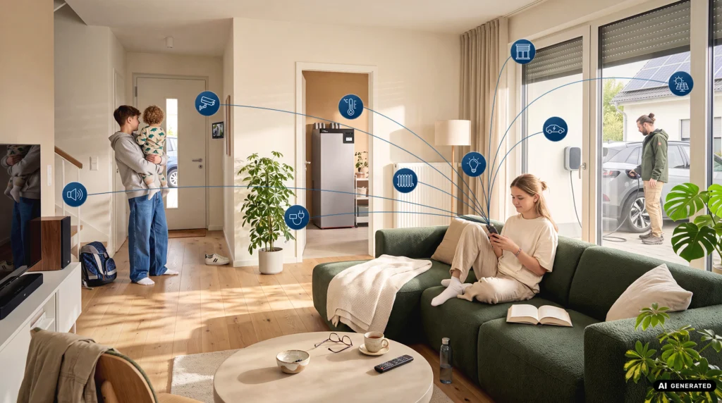 Eine KI-Visualisierung eines Smart Home Konzepts, in dem ein Teenager Mädchen auf dem Sofa sitzt und über das Handy die Daten zur Soundanlage, Heizung, Ladegeräte, Überwachungskamera, Temperatur, Beleuchtung, Markisen, die PV-Anlage oder Daten zum Elektro-Auto einsehen und steuern kann. Im Hintergrund steht ihr Bruder mit einem Kleinkind im Arm und beobachtet die Überwachungskamera, während der Vater im AUßenbereich das E-Auto auflädt. Im Hintergrund ist eine Wärmepumpe eingebaut.