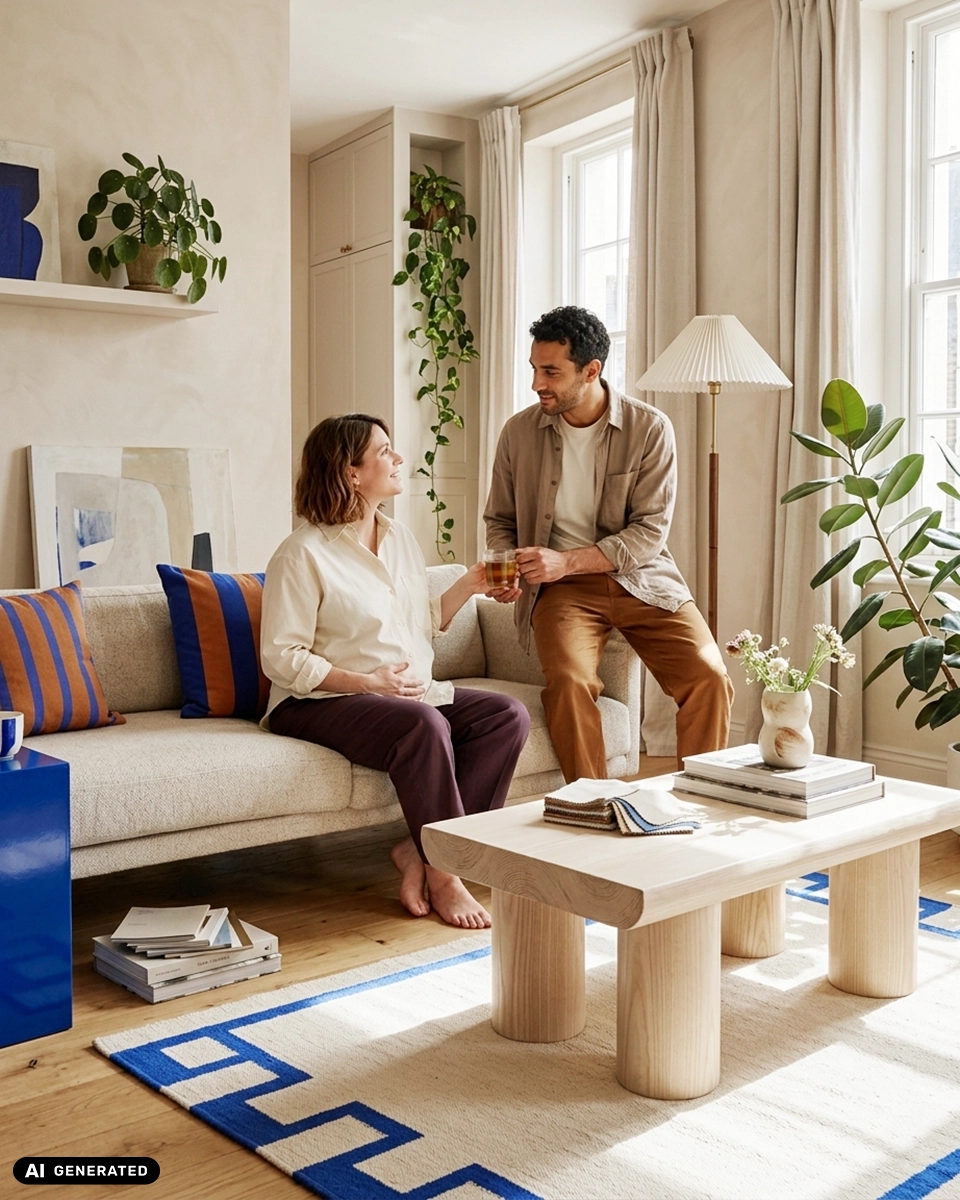 Ein Mann sitzt auf einer Sofakante und reicht seiner schwangeren Frau einen Tee, während sie sich von der Einrichtung der neuen Wohnung erholen, umgeben von farbenfrohen blauen Textilien, einem cremefarbenen Sofa, und hellen Holz-Möbeln