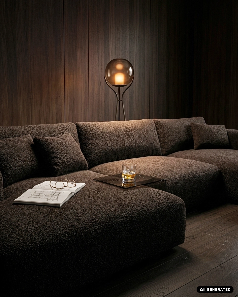 Nahaufnahme eines braunen Sofas in einem dunklen Zimmer mit einem Whiskey-Glas auf einem beistelltisch und einem Notizblock mit Architektur-Zeichnungen