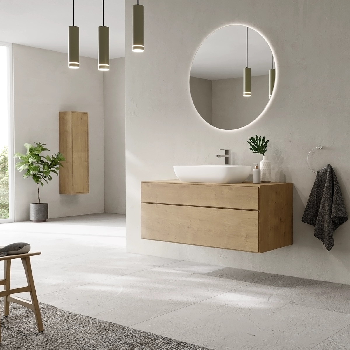 Modernes Badezimmer mit hängenden Badezimmerschränken, einem großen Runden Spiegel in Naturtönen und einem zeitlosen Design