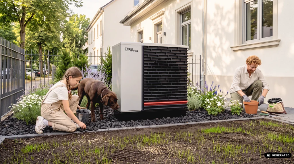 Eine Tochter und ihr Vater gestalten den Vorgarten eines Eigenheims. Im Zentrum steht eine Wärmepumpe, während in der Umgebung die beiden Töpfe bepflanzen oder den Vorgarten mit Steinen belegen und ihr Hund interessiert dabei zusieht.