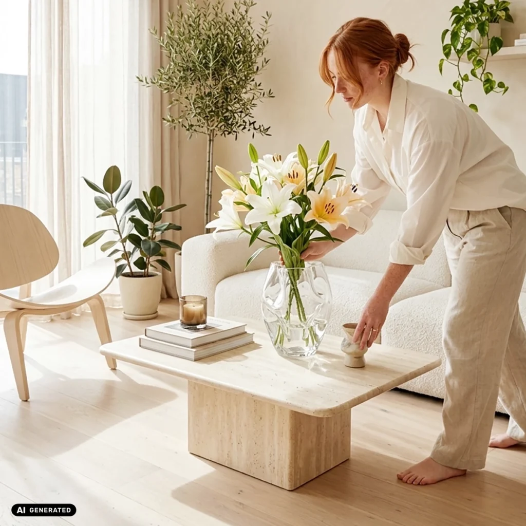 Rothaarige Frau stellt eine Blumenvase mit einem Blumenbouquet aus Lilien auf einen Kaffeetisch und richtet ihr zuhause neu ein in einem hellen freundlichen Wohnzimmer in Beigen und neutralen Tönen