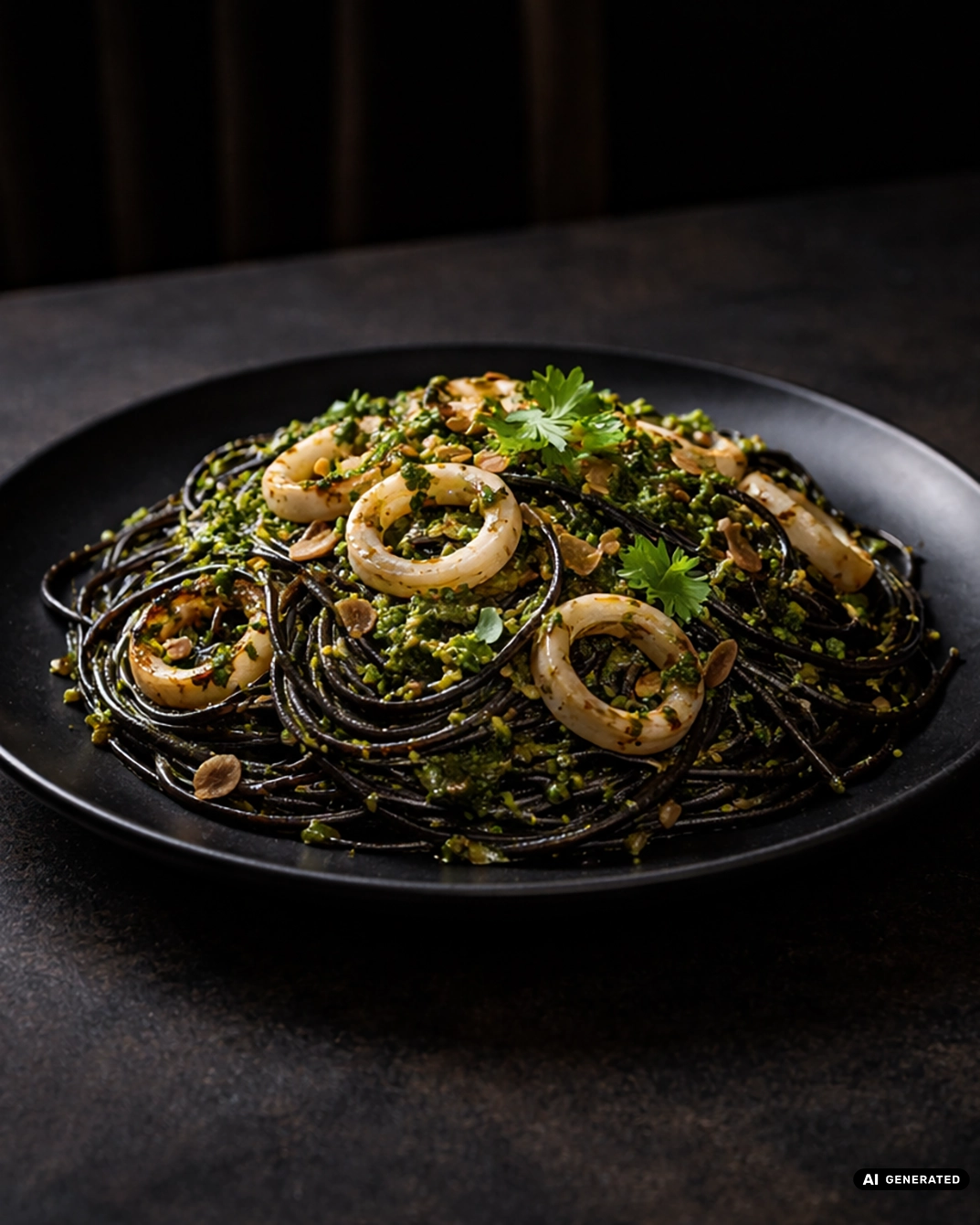 Moody Low-Key KI Food Aufnahme von dunklen Spaghetti mit Tintenfischringen