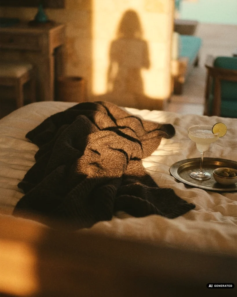 Atmosphärisches Lifestylebild einer braunen Decke die im warmen Sonnenlicht auf einem Bett liegt. Daneben ist ein Tablett mit einem Cocktailglas und einer Tapas Schalte. Im Hintergrund ist ein Pool angedeutet und im Sonnenlicht der Schatten einer Frau als Silhouette.