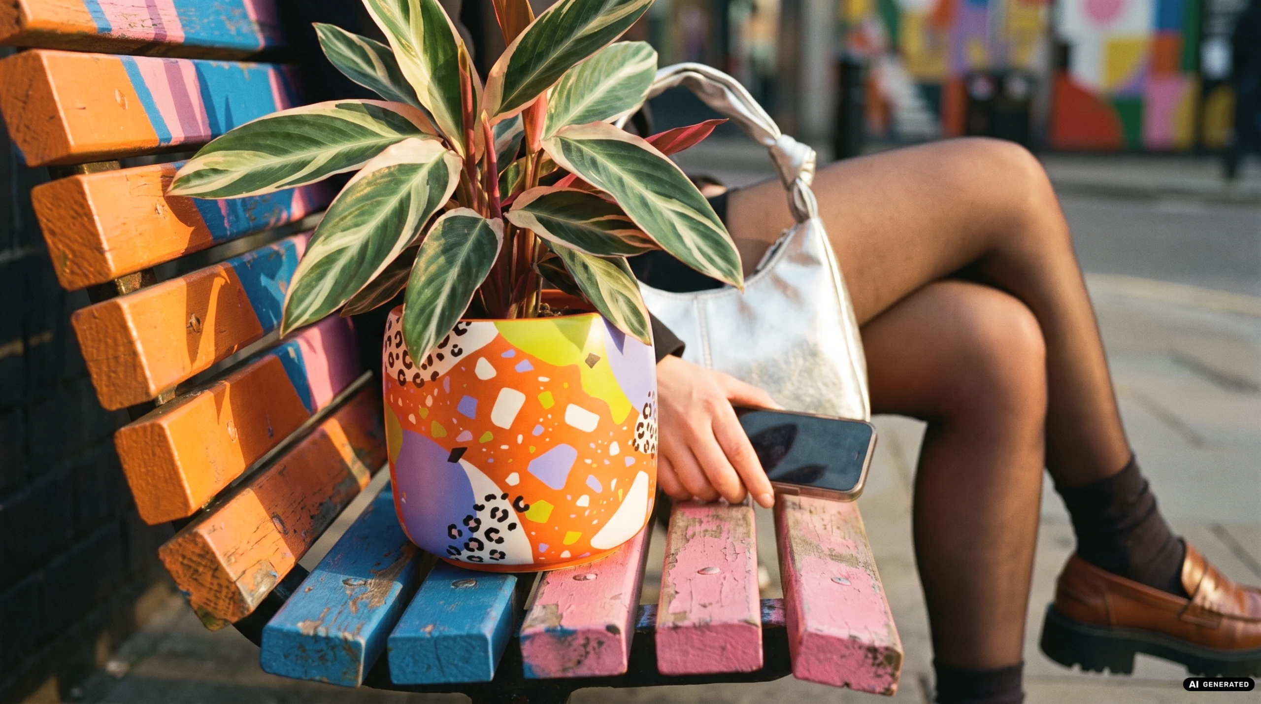 Kampagnenbild einer Calathea Triostar Pflanze in einem bunten Pflanzentopf mit orangenem, blauen und gelben Terrazzo- und Leoparden-Muster auf einer bunten Stadtbank neben einer Frau, die lässig daneben sitzt