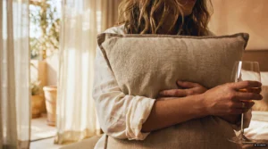 Eine Frau hält ein Leinen Kissen in ihrem Arm, in der freien Hand ein Glas Wein, in einem Hotelzimmer mit offenem Balkon und warmer mediterraner Urlaubsstimmung
