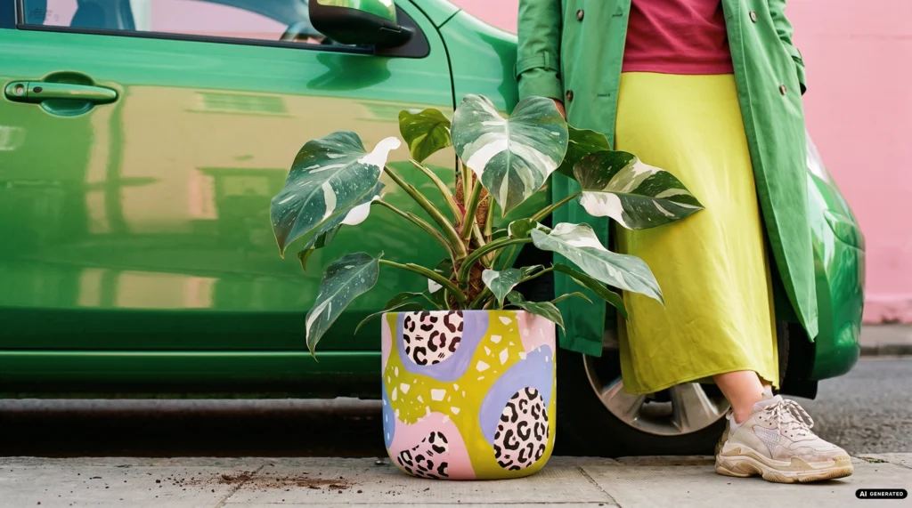 Kampagnenbild einer Philodendron Pflanze in einem bunten Pflanzentopf mit grünem, blauen und pinked Terrazzo- und Leoparden-Muster auf dem Bürgersteig vor einem grünen Auto und einer Frau im grünen Outfit, die sich an das Auto lässig anlehnt.