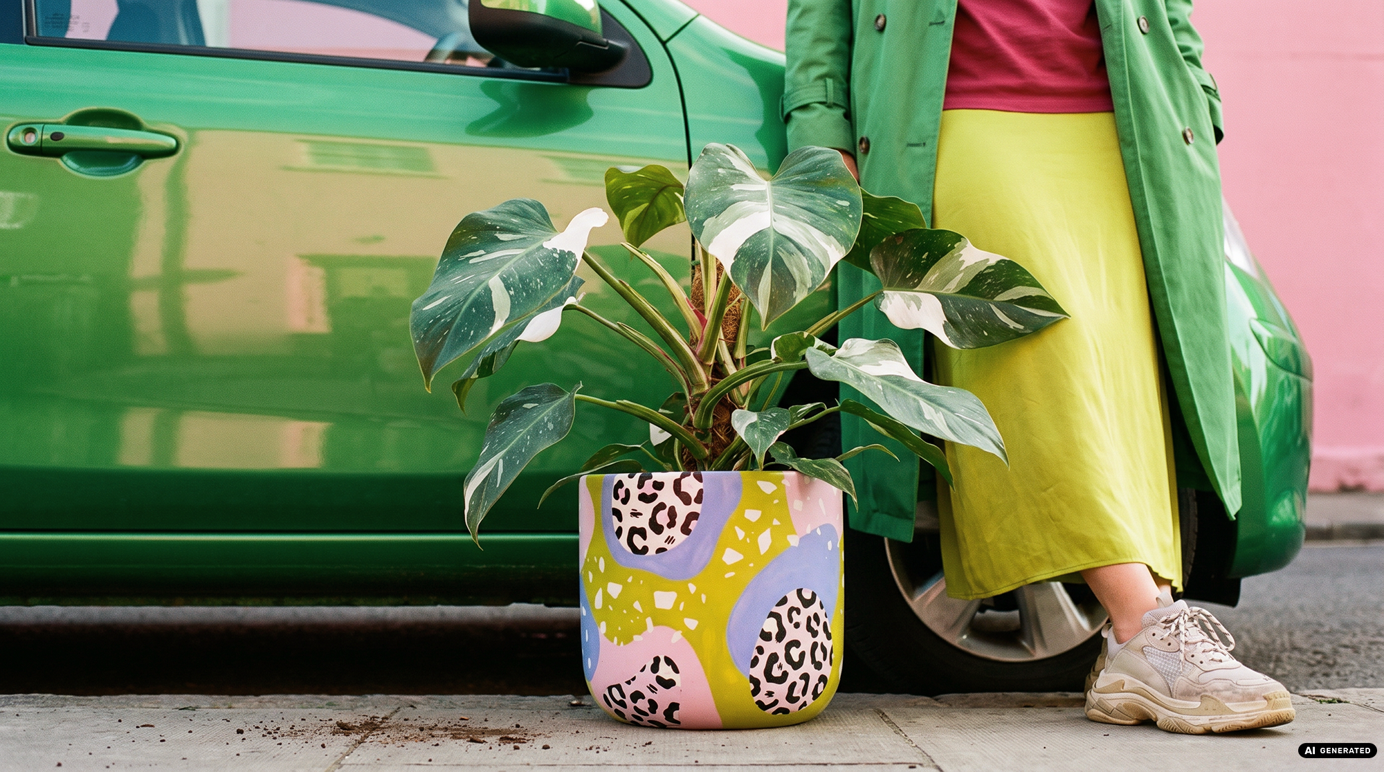 Kampagnenbild einer Philodendron Pflanze in einem bunten Pflanzentopf mit grünem, blauen und pinked Terrazzo- und Leoparden-Muster auf dem Bürgersteig vor einem grünen Auto und einer Frau im grünen Outfit, die sich an das Auto lässig anlehnt.
